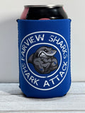 Royal blue can cooler with Fairview Sharks round logo in white and gray and text on a white background