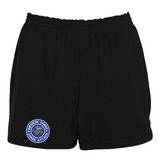 Black cheer shorts with the round, blue gray and white Fairview Sharks logo on the left leg against a white background