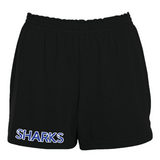 Black cheer shorts with 'SHARKS' in blue, outlined in white on the left leg against a white background