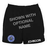 Black cheer shorts with the round, blue gray and white Fairview Sharks logo on the left leg and an optional custom name in white on the right leg against a white background