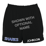 Black cheer shorts with 'SHARKS' in blue text with white outline on the left leg and an optional custom name in white on the right leg against a white background