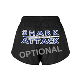 Black polyester jogging shorts with 'SHARK ATTACK" in blue with a white outline across the back on a white background