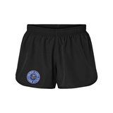 Black polyester jogging shorts with the Fairview Sharks round, blue, gray and white logo on the right leg on a white background