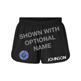 Black polyester jogging shorts with the Fairview Sharks round, blue, gray and white logo on the right leg and a custom name on the left leg on a white background