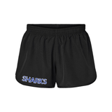 Black polyester jogging shorts with the 'SHARKS' written in blue, with a white outline on the right leg on a white background
