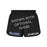 Black polyester jogging shorts with the 'SHARKS' written in blue, with a white outline on the right leg and custom name on the left leg on a white background