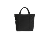 A black canvas tote bag with two top handles, shown from the front against a plain white background.