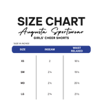 Size chart for Augusta Sportswear girls' cheer shorts on a white background