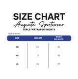 Size chart for Augusta Sportswear Girls' Wayfarer Shorts with inseam and waist measurements.