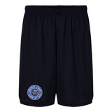 Black polyester basketball shorts with Fairview Sharks round, blue, gray and white logo on right leg on a white background