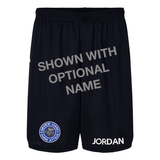 Black polyester basketball shorts with custom name on left leg and Fairview Sharks round, blue, gray and white logo on right leg on a white background