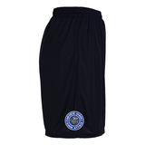 Side view of black polyester basketball shorts with Fairview Sharks round, blue, gray and white logo on the side right leg on a white background