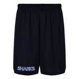 Black polyester basketball shorts with  SHARKS in blue with white outline on right leg on a white background