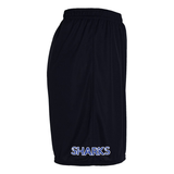 Side view of black polyester basketball shorts with SHARKS in blue with white outline on side right leg on a white background