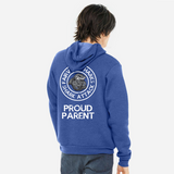 Adult wearing a blue hoodie with the Fairview Sharks round, blue, gray and white logo on the back and the words 'PROUD PARENT' below it. The photo is taken against a white background
