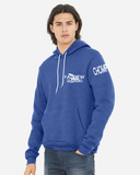 Adult wearing a blue hoodie with 'Fairview Sharks' 'fin' logo on the left chest and 'CHOMP!' on the sleeve on a white background