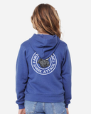 Youth wearing a blue hoodie with the Fairview Sharks round, blue, gray and white logo on the back, against a white background