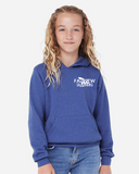 Person wearing a blue hoodie with 'Fairview Sharks' 'fin' logo on the left chest on a white background