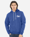 Adult wearing a blue hoodie with 'Fairview Sharks' 'fin' logo on the left chest on a white background