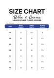 Size chart for Bella & Canvas unisex sponge fleece hoodies on a white background