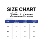 Size chart for Bella & Canvas youth sponge fleece hoodies on a white background