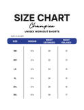 Size chart for Champion unisex workout shorts on a white background