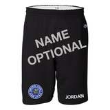 Black shorts with the round, blue, gray and white Fairview Sharks logo on the right leg  and an optional name in white on the left leg on a white background