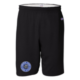 Black shorts with the round, blue, gray and white Fairview Sharks logo on the right leg on a white background