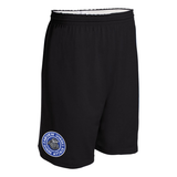 Black shorts with the round, blue, gray and white Fairview Sharks logo on the side of the right leg on a white background