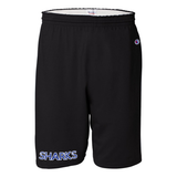 Black shorts with 'SHARKS' text in blue with white outline on the right leg on a white background