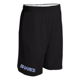 Black shorts with 'SHARKS' text in blue with white outline on the side of the leg on a white background