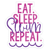 Dye cut motivational decal with 'Eat. Sleep. Slow. Repeat.' text in pink and purple on a white background