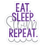 Dye cut motivational decal with 'Eat. Sleep. Swim. Repeat.' text in purple and gray on a white background