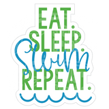 Dye cut motivational decal with 'Eat. Sleep. Swim. Repeat.' text in green and turquoise blue on a white background