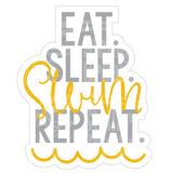 Dye cut motivational decal with 'Eat. Sleep. Swim. Repeat.' tin yellow and gray ext on a white background