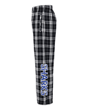 Side view of black and white Boxercraft plaid pants with 'SHARKS' in royal blue, outlined in white, running up the leg on a white background