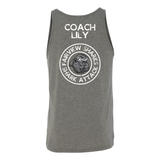 Back of gray tank top with optional customized name, 'Coach Lily' across the top in white and the Fairview Sharks round 'Shark Attack' logo in gray and white on a white background