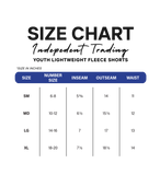 Size chart for Independent Trading Youth Lightweight Fleece Shorts on a white background