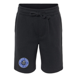 Black shorts with the round, blue, gray and white Fairview Sharks logo on the right leg on a white background