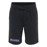 Black shorts with 'SHARKS' text in blue with white outline on the right leg on a white background