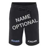 Black shorts with 'SHARKS' text in blue with white outline on the right leg and an optional custom name on the left leg in white on a white background