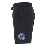 Black shorts with the round, blue, gray and white Fairview Sharks logo on the side of the left leg on a white background