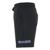 Black shorts with 'SHARKS' text in blue with white outline on the side of the left leg on a white background