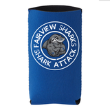 Royal blue 'SKINNY' can cooler with Fairview Sharks round logo in white and gray and text on a white background