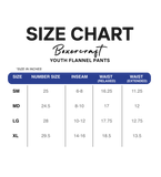 Size chart for Boxercraft youth flannel pants on a white background