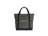 A dark gray tote bag with black handles, trim, and base, featuring a quote from Ephesians in gold on the back.