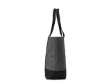A dark gray and black canvas tote bag with long black shoulder straps, shown from the side against a plain white background.