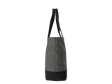 A gray and black tote bag with long black shoulder straps, shown against a plain white background.